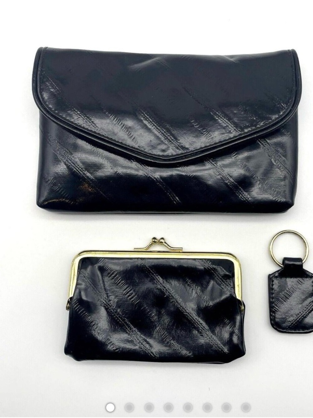 Black Eel Skin Leather Clutch Set with Coin Purse and Key Fob